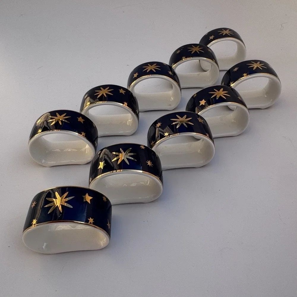 VTG 90s Sakura Napkin Rings Celestial Stars (10) Porcelain 14K Gold Night Sky